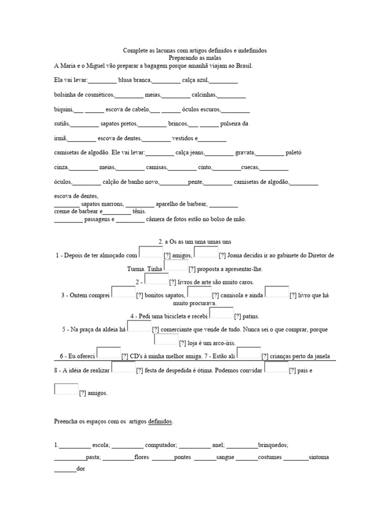 Complete As Lacunas Com Artigos Definidos e Indefinidos | PDF