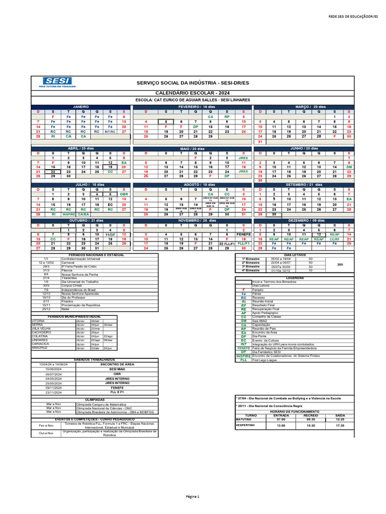Calendário Escolar 2024 Escola Sesi Linhares PDF