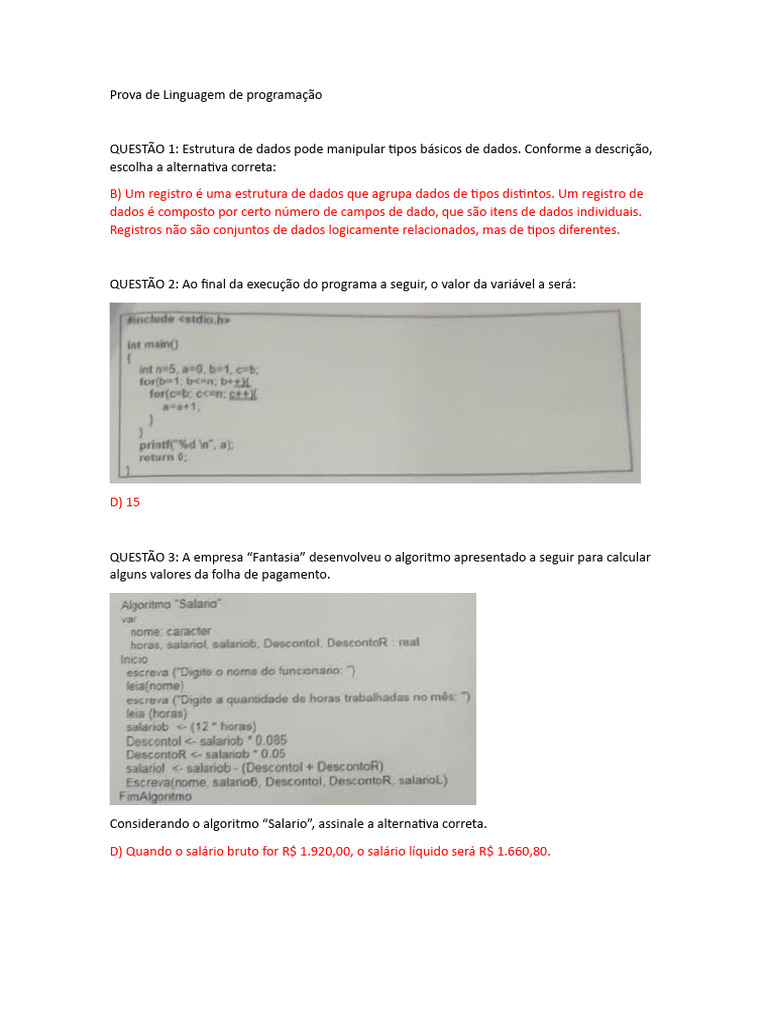 Prova de Programação e Algoritmos | PDF | Computadores