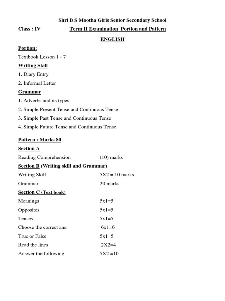 Class 4 Term 2 Portion & Pattern | PDF