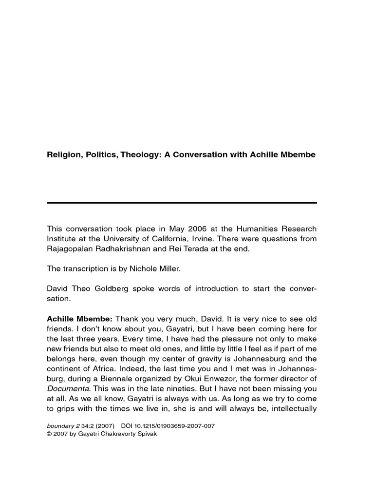 Theology and Politics: Mbembe's Insights | PDF | Reason | Faith