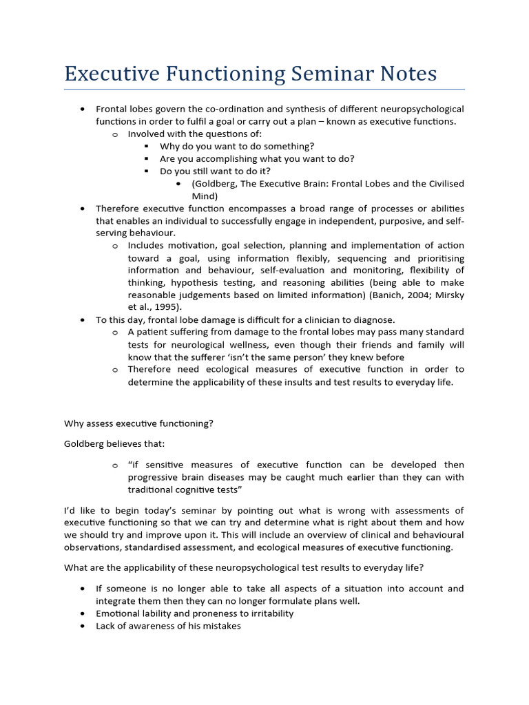 Executive Function Assessment Notes Pdf