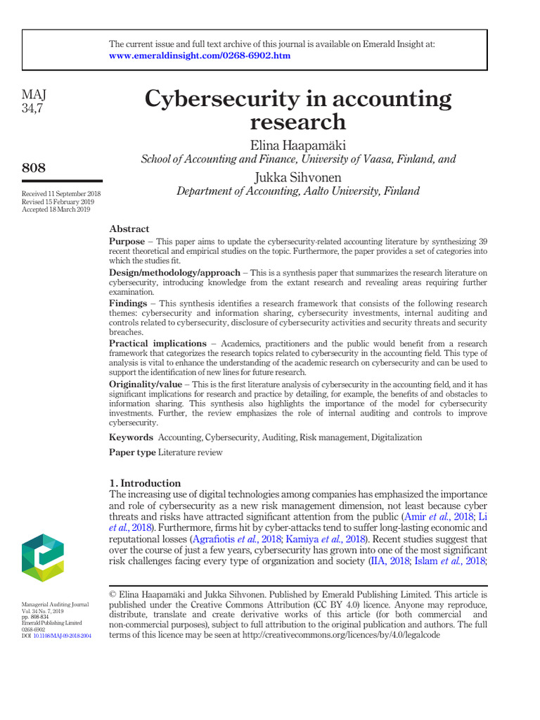 Cybersecurity In Accounting Research Pdf Computer Security Security
