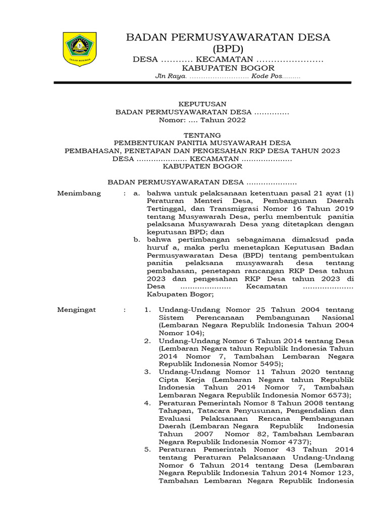 Sk Panitia Musdes Pengesahan Rkp Desa 2024 Pdf