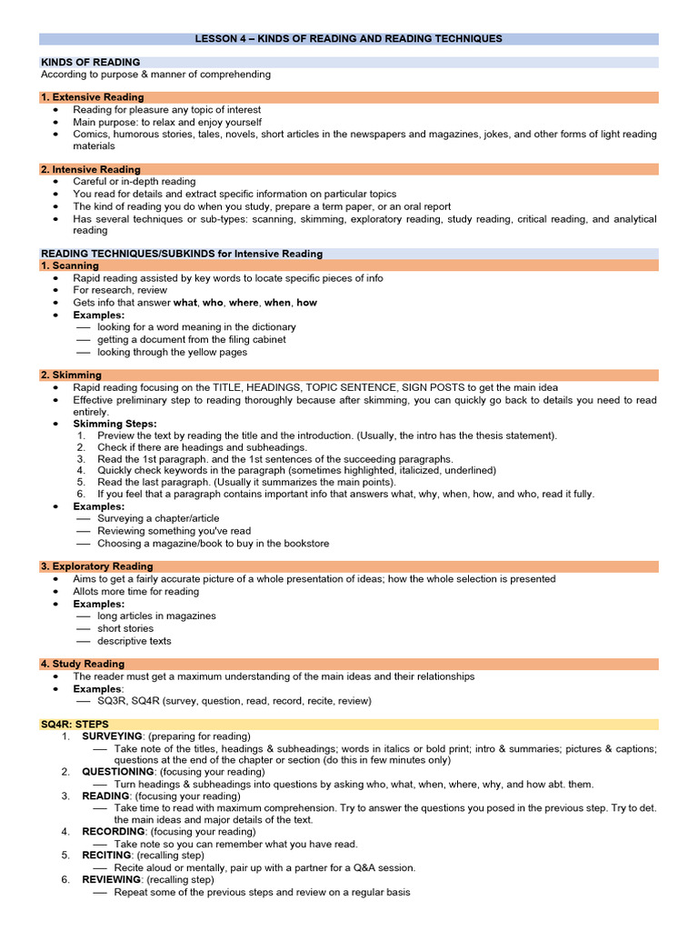 Reading Types & Techniques Guide | PDF | Language Arts & Discipline ...