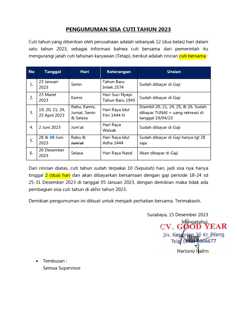 Sisa Cuti Karyawan 2023: 2 Hari Tersisa | PDF