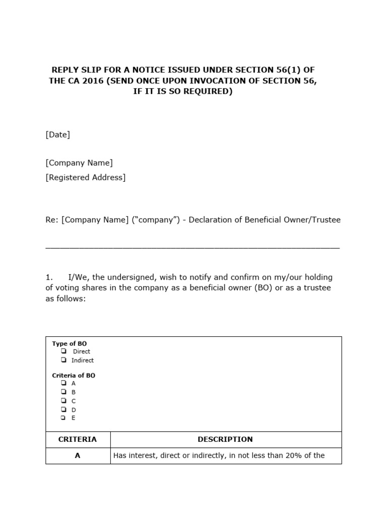Section 56 Beneficial Owner Reply Slip | PDF | Law