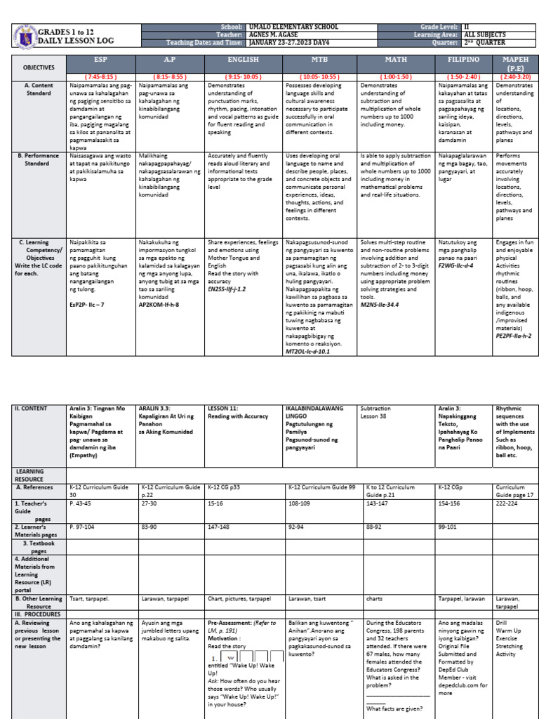Daily Lesson Log for Grade 2 Subjects | PDF