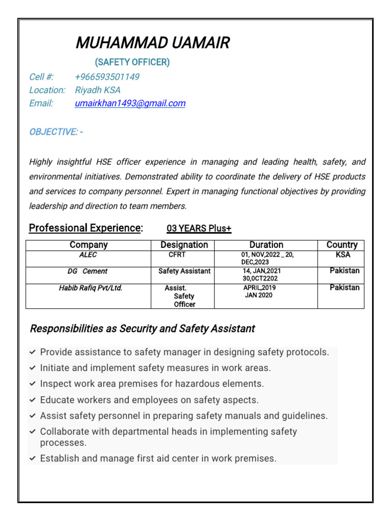 Umair Safety Officer CV | PDF | Safety