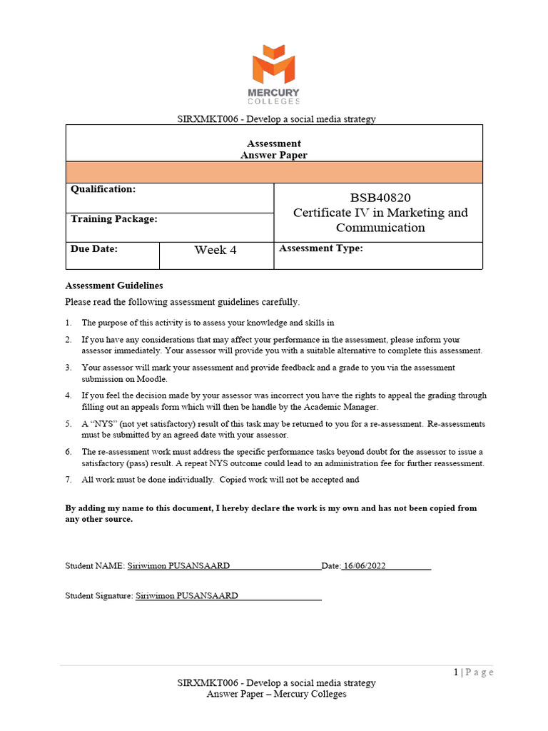 Answer - Paper - SIRXMKT006 Assessment Task | PDF | Social Media ...