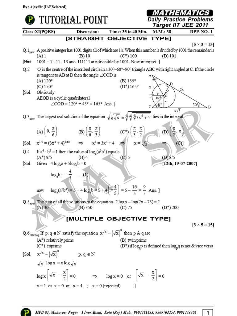 Daily Math Practice for IIT JEE 2011 | PDF | Logarithm | Circle