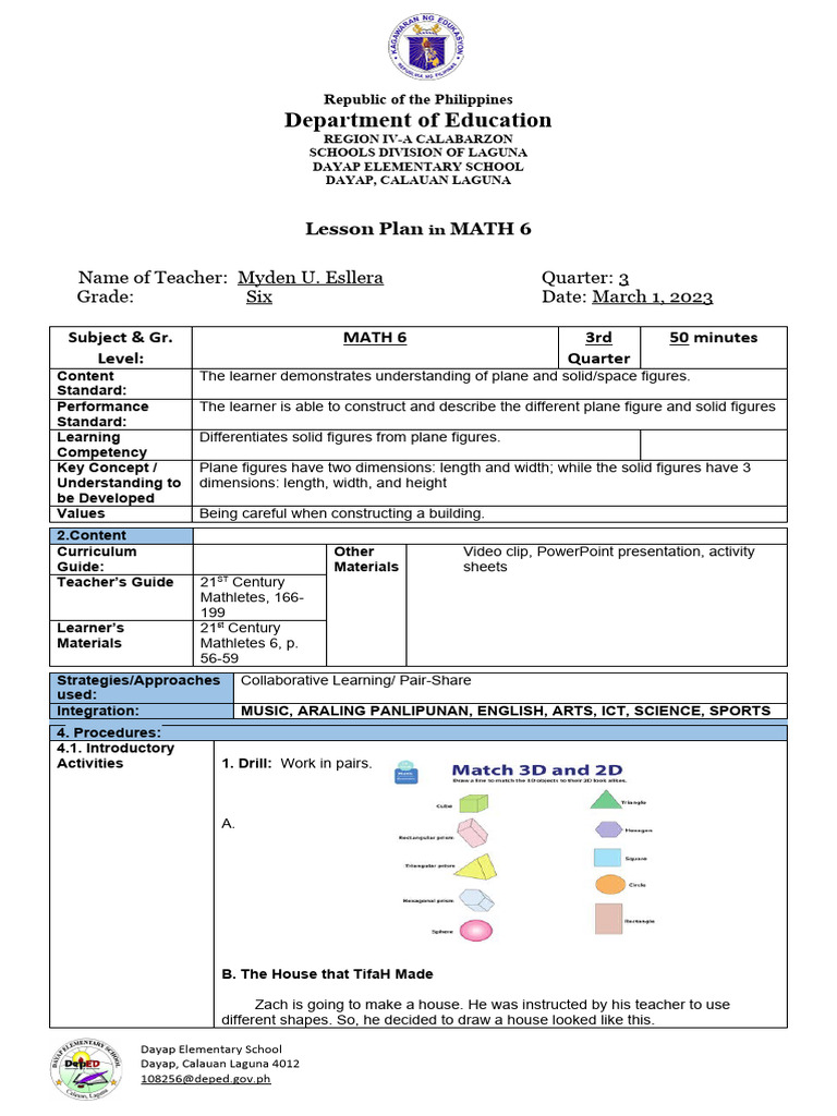 MATH 6 Lesson Plan: Plane vs Solid Figures | PDF | Shape | Area