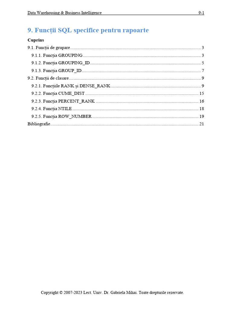 Curs DW&BI - 9 - Functii SQL de Grupare Si Clasare - Unlocked | PDF ...