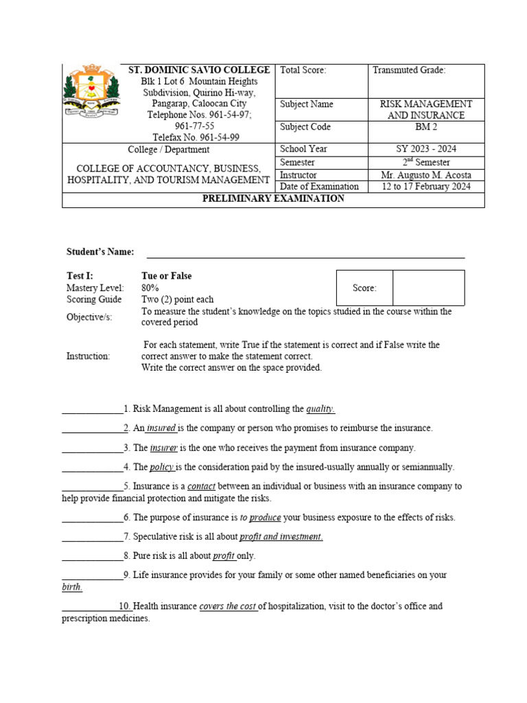 Risk Management Exam Prelims Pdf Insurance Risk