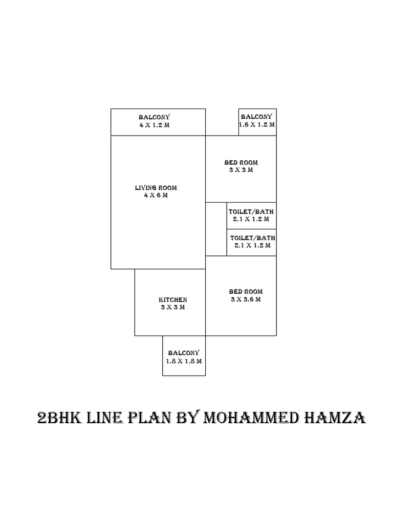 2BHK Apartment Line Plan with Dimensions | PDF