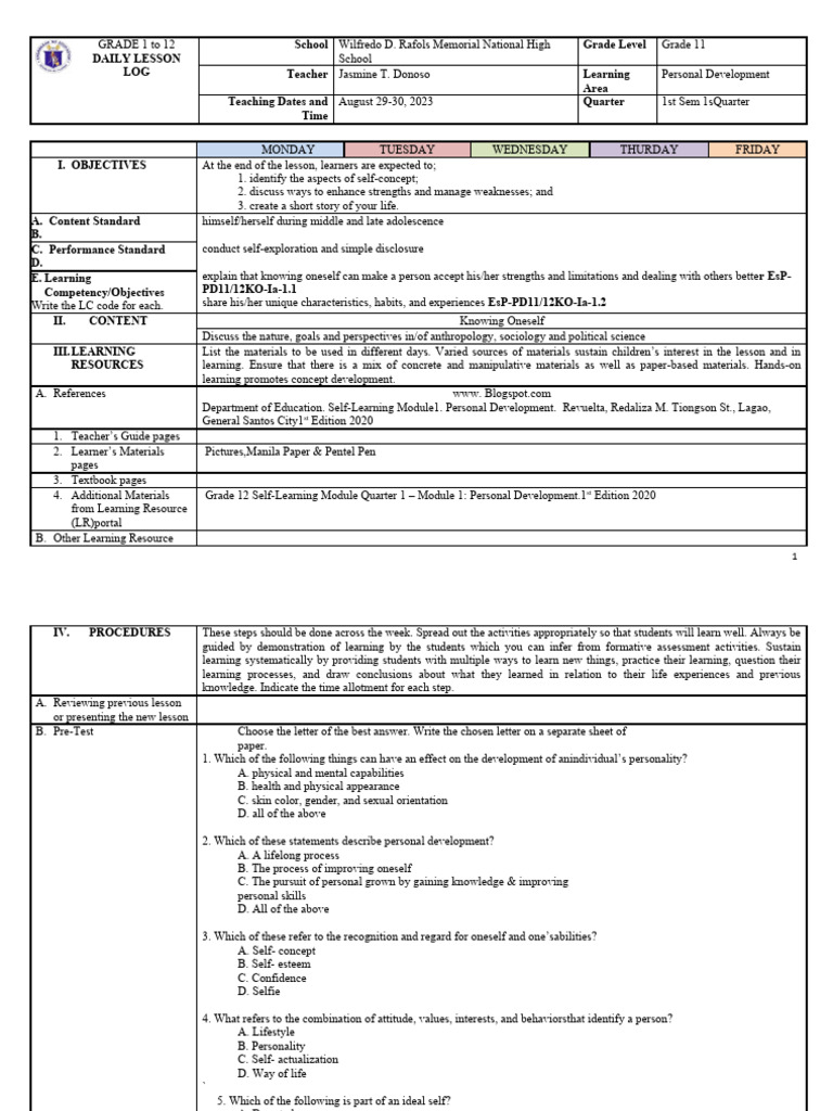 Grade 11 Personal Development Lesson Plan | PDF | Self Concept ...