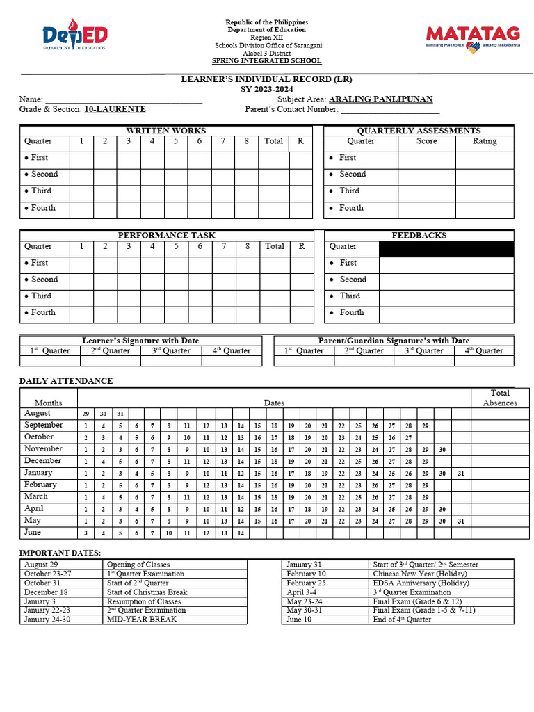 Learner's Individual Record SY 2023-2024 | PDF | Academic Term | Schools