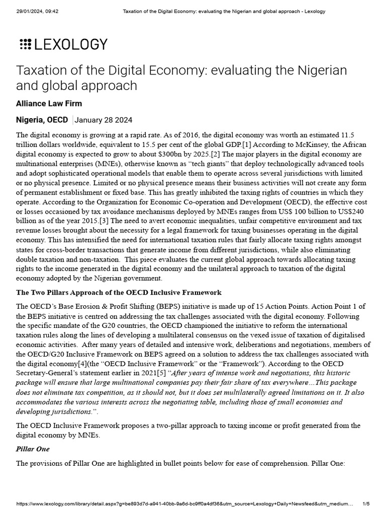 Taxation of The Digital Economy - Evaluating The Nigerian and Global ...