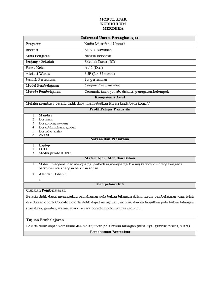 Modul Ajar Bahasa Indonesia Kelas 2 Sd Pdf