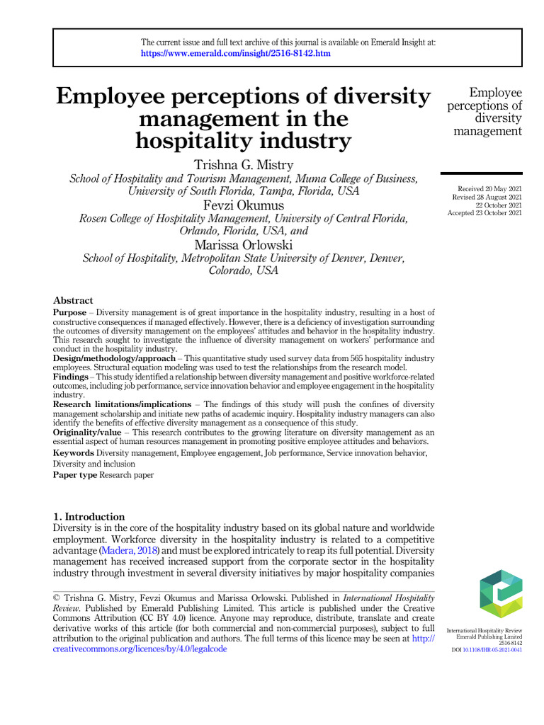 Impact of Diversity Management on Hospitality Employees | PDF ...