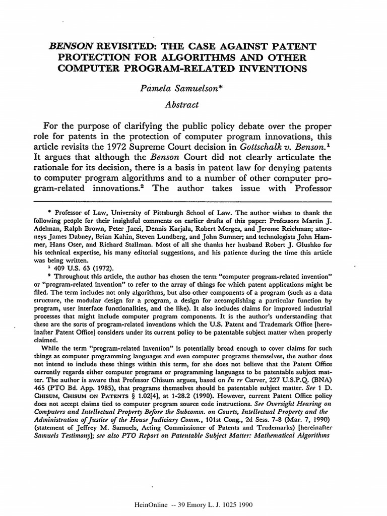 Benson Revisited The Case Against Patent Protection For Algorithms and ...