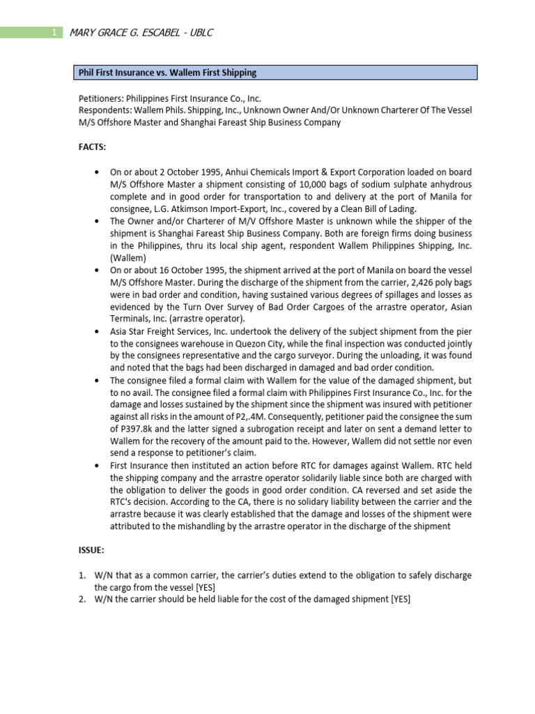 Phil First Insurance vs. Wallem Shipping Case | PDF | Cargo | Common ...