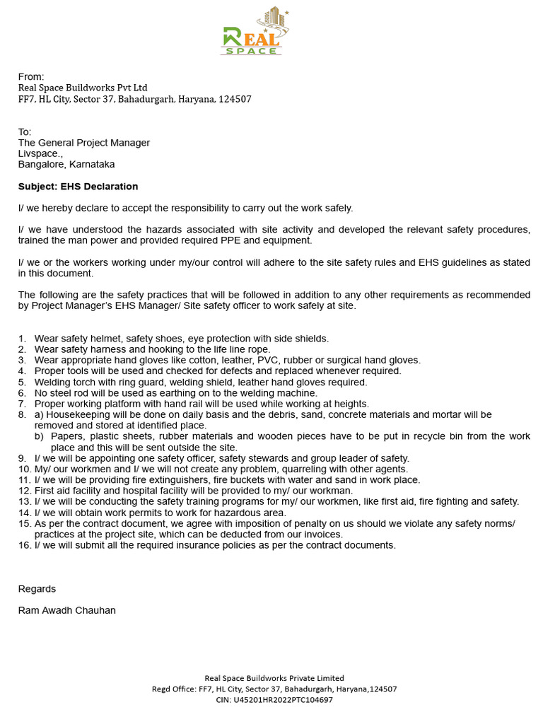 EHS Declaration for Safe Work Practices | PDF | Personal Protective ...