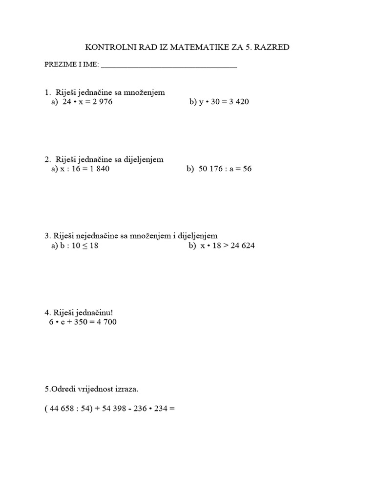 Kontrolni Rad Iz Matematike Za 5 | PDF