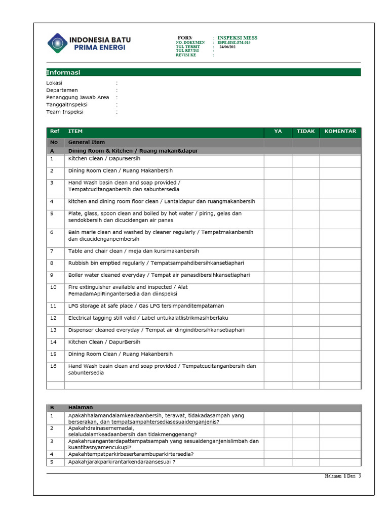 Inspeksi Kebersihan Mess 015 | PDF