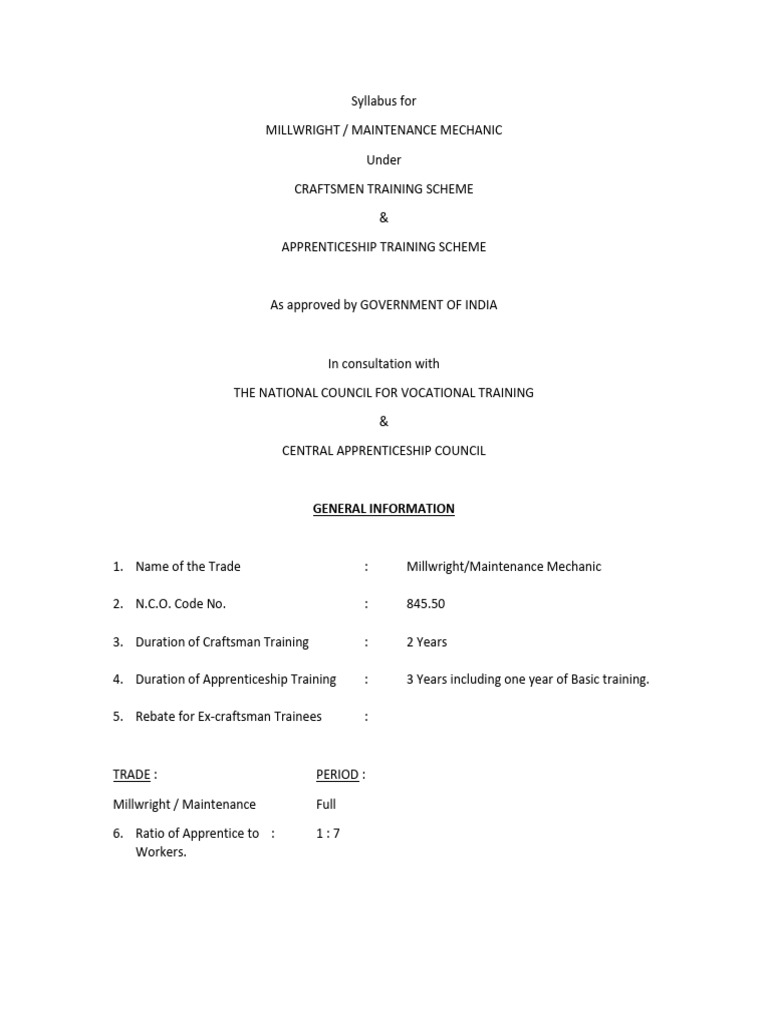 Millwright/Maintenance Mechanic Syllabus | PDF | Construction | Welding
