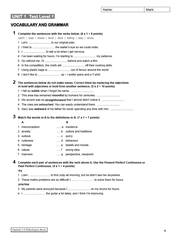 01outlook2 Unit1 Test Vocabulary Grammar Pdf Linguistics Language