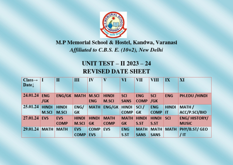 Ii unit test time table 2024 pdf