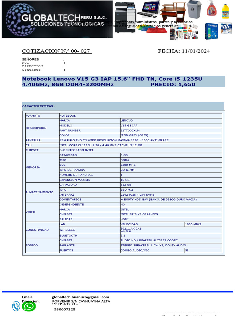 Cotización Notebook Lenovo V15 G3 IAP | PDF | USB | Datos de computadora