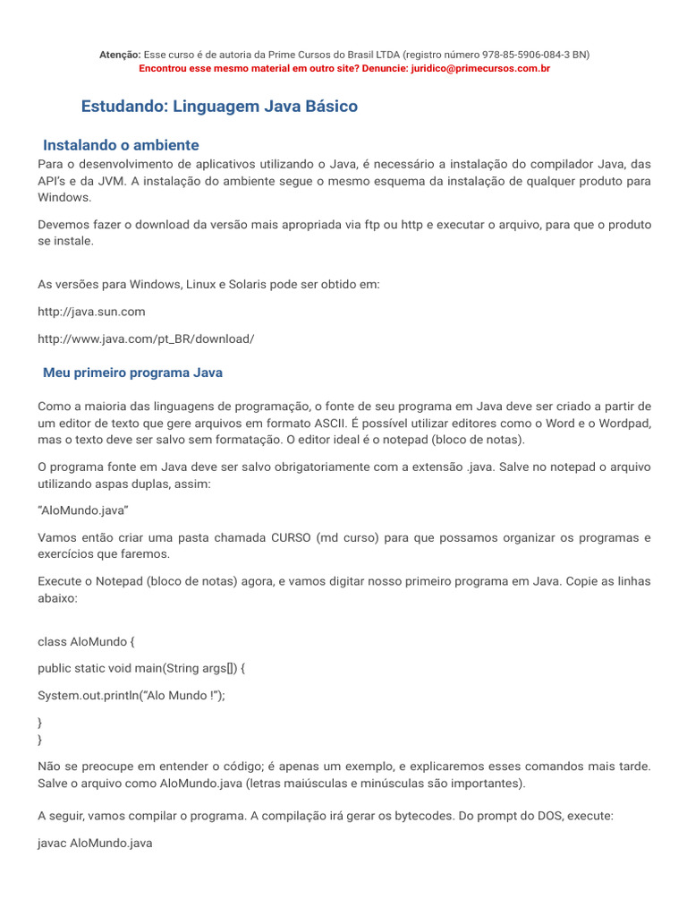 Estudando Linguagem Java Básico Prime Cursos Pdf Java