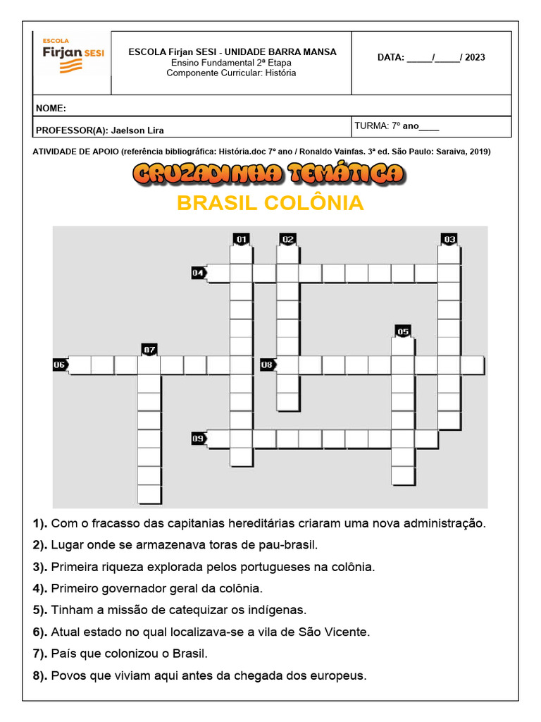Atividade de História: Brasil Colônia 7º Ano | PDF