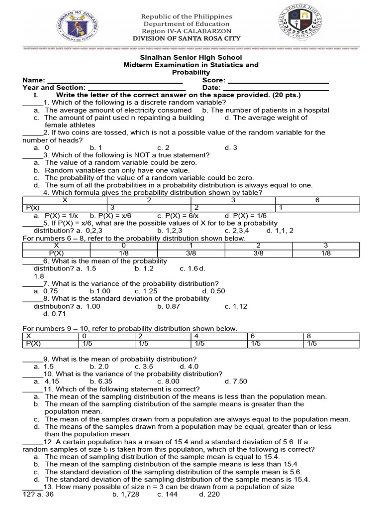 Midterm Exam in Statistics and Probability Grade 11 Download Free PDF