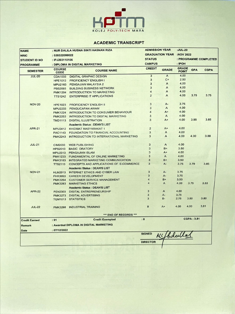 Academic Transkrip Dalila Pdf