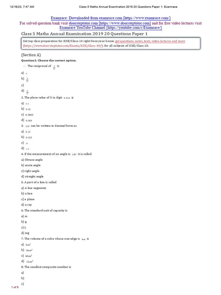 ICSE Class 5 Maths Sample Paper 1 | PDF