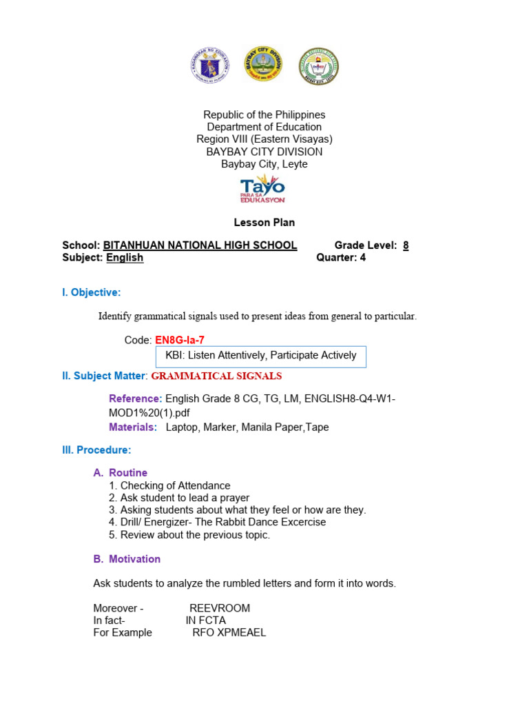 Lesson Plan Grammatical Signals Revised | PDF | Word | Sentence