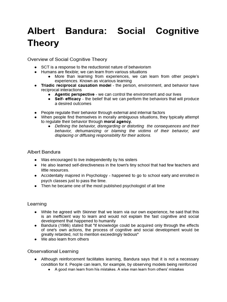 Overview of Bandura's Social Cognitive Theory | PDF | Self Efficacy ...