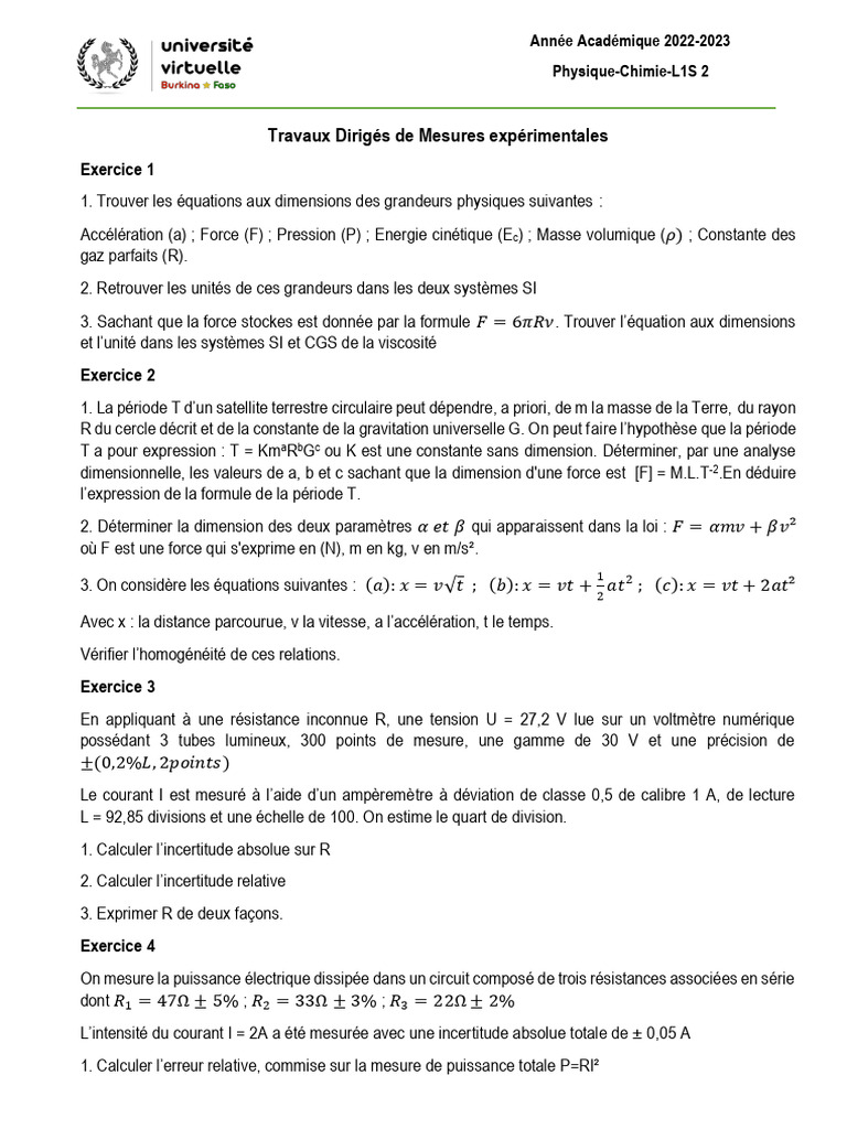 Mesures et Grandeurs Physiques TD | PDF | Grandeur physique | Quantité
