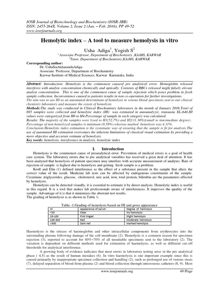 Hemolysis Detection for Lab Accuracy | PDF | Hematology | Tissue (Biology)
