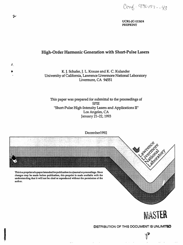 High-Order Harmonic Generation With Short-Pulse Lasers: UCRL-JC-112624 ...