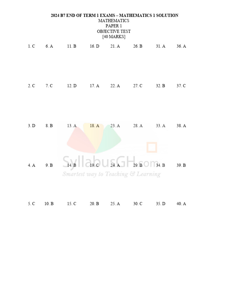 2024 B7 End of Term 1 Exams Mathematics 1 Solution | PDF