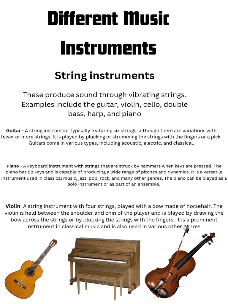 Different Music Instruments | PDF | String Instruments | Brass Instruments