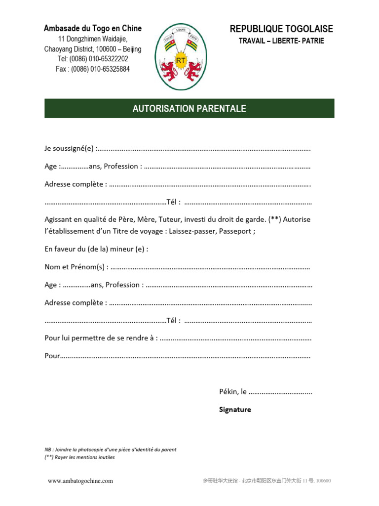 Autorisation Parentale Pour Passeport Modele Et Exemple Autorisation