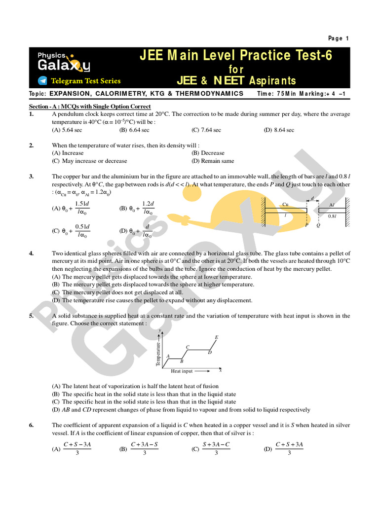 JEE Main Practice: Calorimetry & KTG | PDF | Classical Mechanics ...