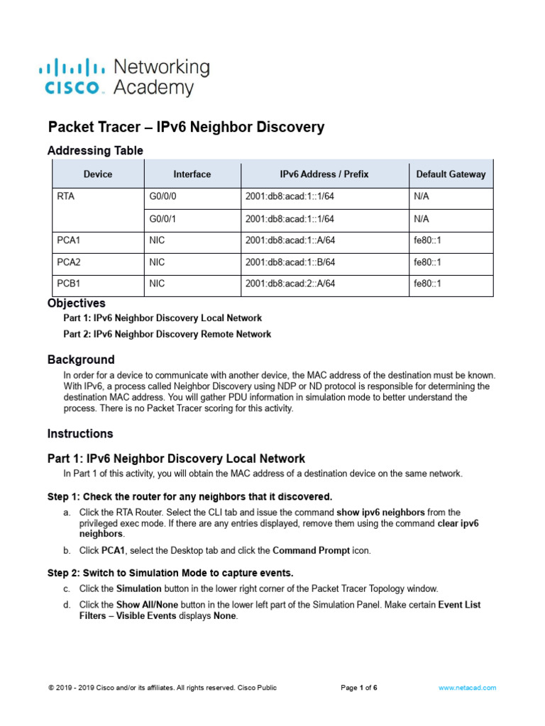 9.3.4 Packet Tracer Ipv6 Neighbor Discovery