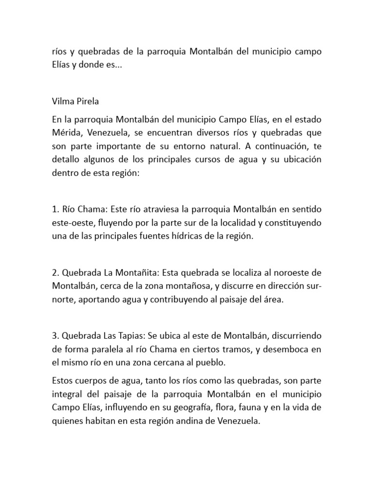 Ríos y Quebradas de La Parroquia Montalbán Del Municipio Campo Elías y