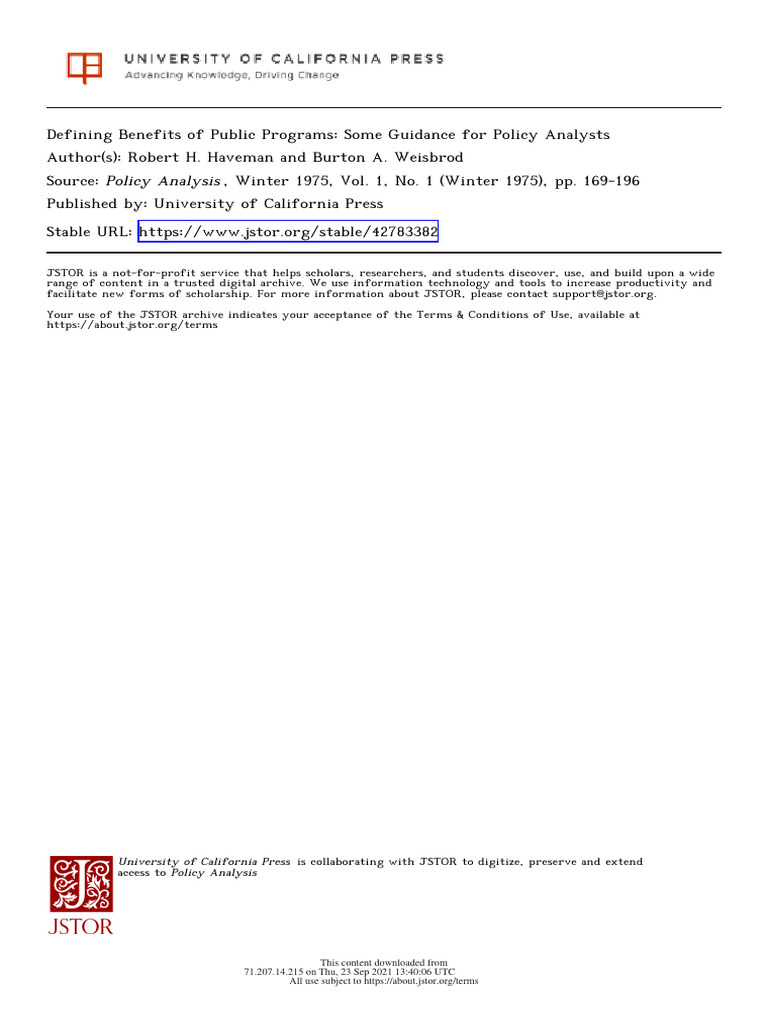 Haveman and Weisbrod 1975 Defining Benefits | PDF | Cost–Benefit ...